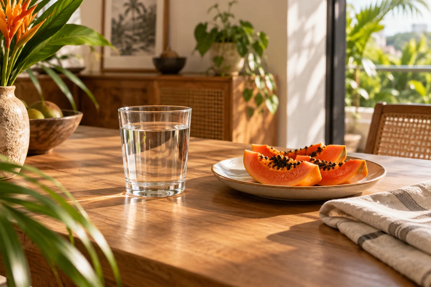 Un verre d’eau sur une table au petit-déjeuner