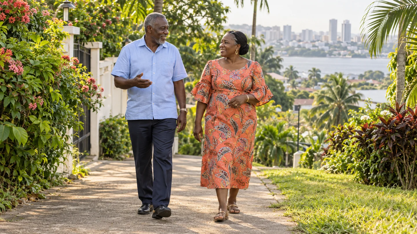 Promenade dans un quartier verdoyant d’Abidjan, illustration